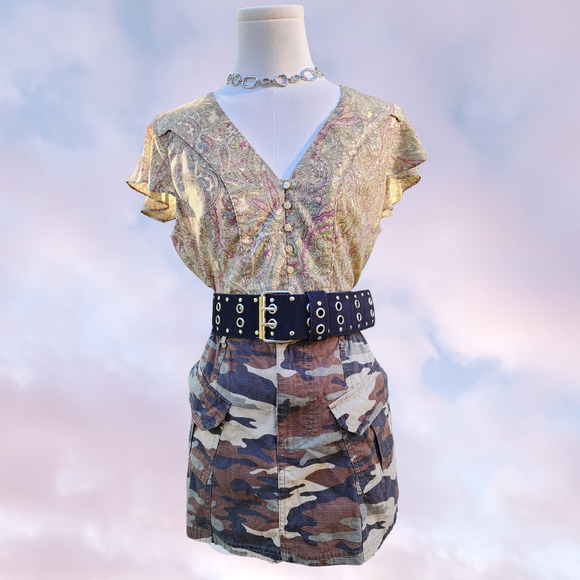 Y2k Justify Green Camo Cargo Pocket Grunge Punk Cyber Mini Short Skirt Sz L - Picture 1 of 8